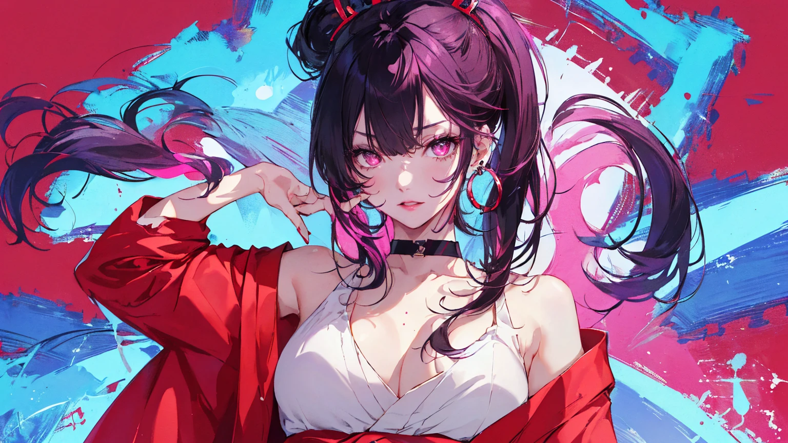 hair above one eye, Purple eyes, Clear Eyes, choker, Neon Shirt, torn legwear, open jacket、Blue pubic hair catches my eye,Bright red background、Red background, graffiti, Shineing grafiti, Shineing tattoos, Shine, Neon Light, Black light,Anime Style, movie portrait photography, 1 female, 22 years ago, Whole Body Ezbian,Big and ample breasts, anger, (Scarlet Hair), Long Hair, Purple eyes, wearing a short black dress, (Natural skin texture vivid details, Surreal, (Realistic eyes, Natural skin texture, Realistic facial details), Soft and dramatic lighting, Written boundary depth, Bokeh, vivid details, Surreal, 35mm movie, Absent-minded, movie,lipstick, ear piercing, eye shadow, Hoop Earrings, red pink lips, multicolored red eyes, Red background,Beautiful Eyes,Bold Pose、Strike a Pose,upper ponytail,drooping bangs,Droopy eyes、((kimono))、high school girl