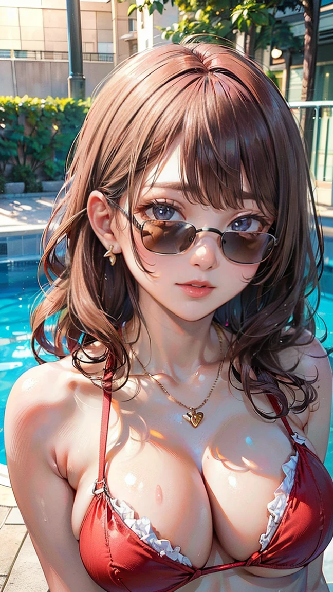 (Masterpiece, BestQuality:1.3), (ultra detailed:1.2), (hyperrealistic:1.3), (RAW photo:1.2), High detail RAW color photo, professional photograph, (Photorealistic:1.4), (realistic:1.4), professional lighting, perfect anatomy, (Big Breasts:1.2), (blush, detailed face), (A happy smile:1.7), Trending Hair&Trending Hairカラーをランダムに, earrings, necklace, bracelet, sexly, erotic sexly, Random sexy gravure poses, (A woman in a red bikini、Wearing sunglasses by the pool、A happy smileでセクシーなポーズをとっている。Her pink wavy hair is shining。:1.3)