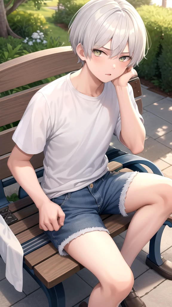 masterpiece, best quality, high quality, 1boy, solo, 14-year-old boy,evil boy,male focus, looking at viewer , white hair, old-school swoop haircut,white shirt with short sleeves,blue jean shorts, blue and yellow eyes, sitting on a bench 