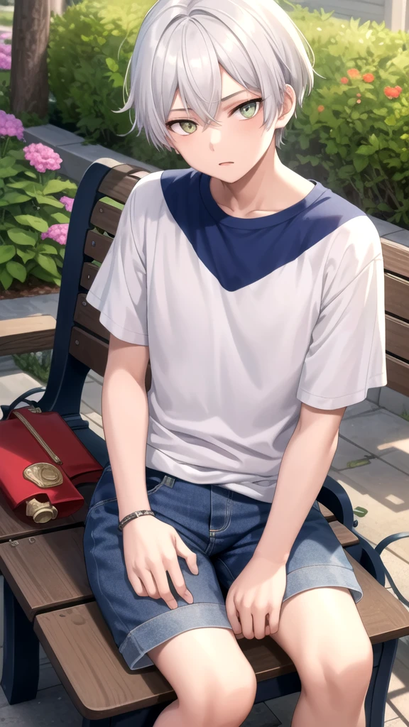 masterpiece, best quality, high quality, 1boy, solo, 14-year-old boy,evil boy,male focus, looking at viewer , white hair, old-school swoop haircut,white shirt with short sleeves,blue jean shorts, blue and yellow eyes, sitting on a bench 