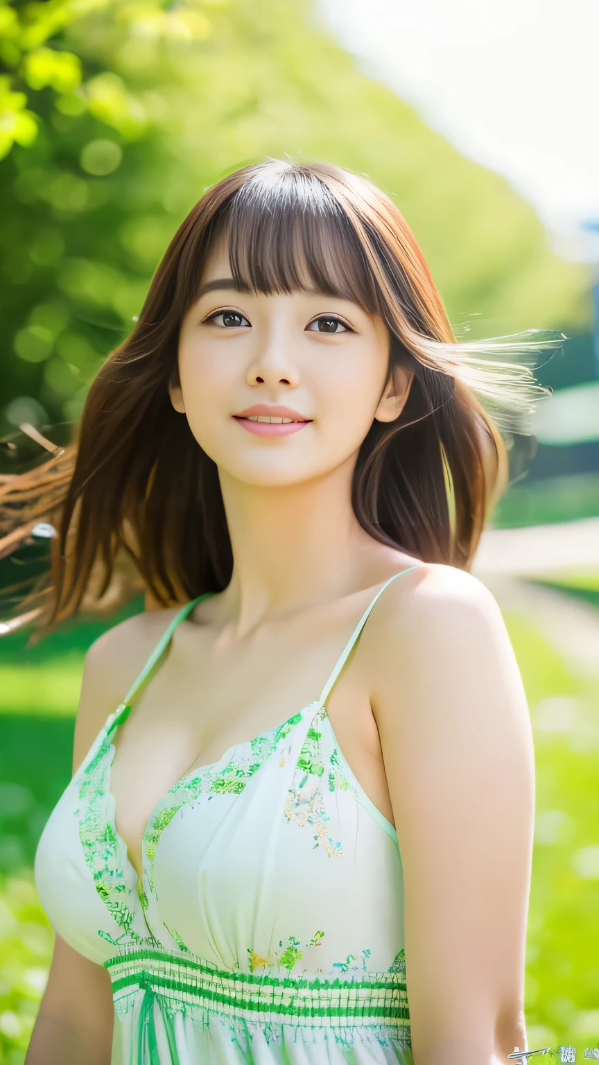 (Highest quality,8k,Overwhelmingly beautiful:1.2)、(Cute Japanese Girl:1.8、The perfect gravure idol),(Big Tits),With Dandelion、Green World、spring breeze、
