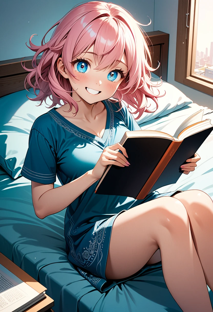 detailed illustration, dynamic angle, ultra-detailed, illustration, 1girl, 24 years old, short pink hair, wild hair, bright blue eyes, detailed eyes, sitting on bed, holding journal, holding book, smiling, coy, happy, delighted, medium breasts