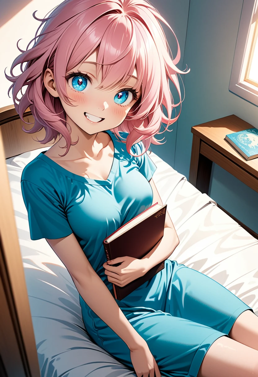 detailed illustration, dynamic angle, ultra-detailed, illustration, 1girl, 24 years old, short pink hair, wild hair, bright blue eyes, detailed eyes, sitting on bed, holding journal, holding book, smiling, coy, happy, delighted, medium breasts