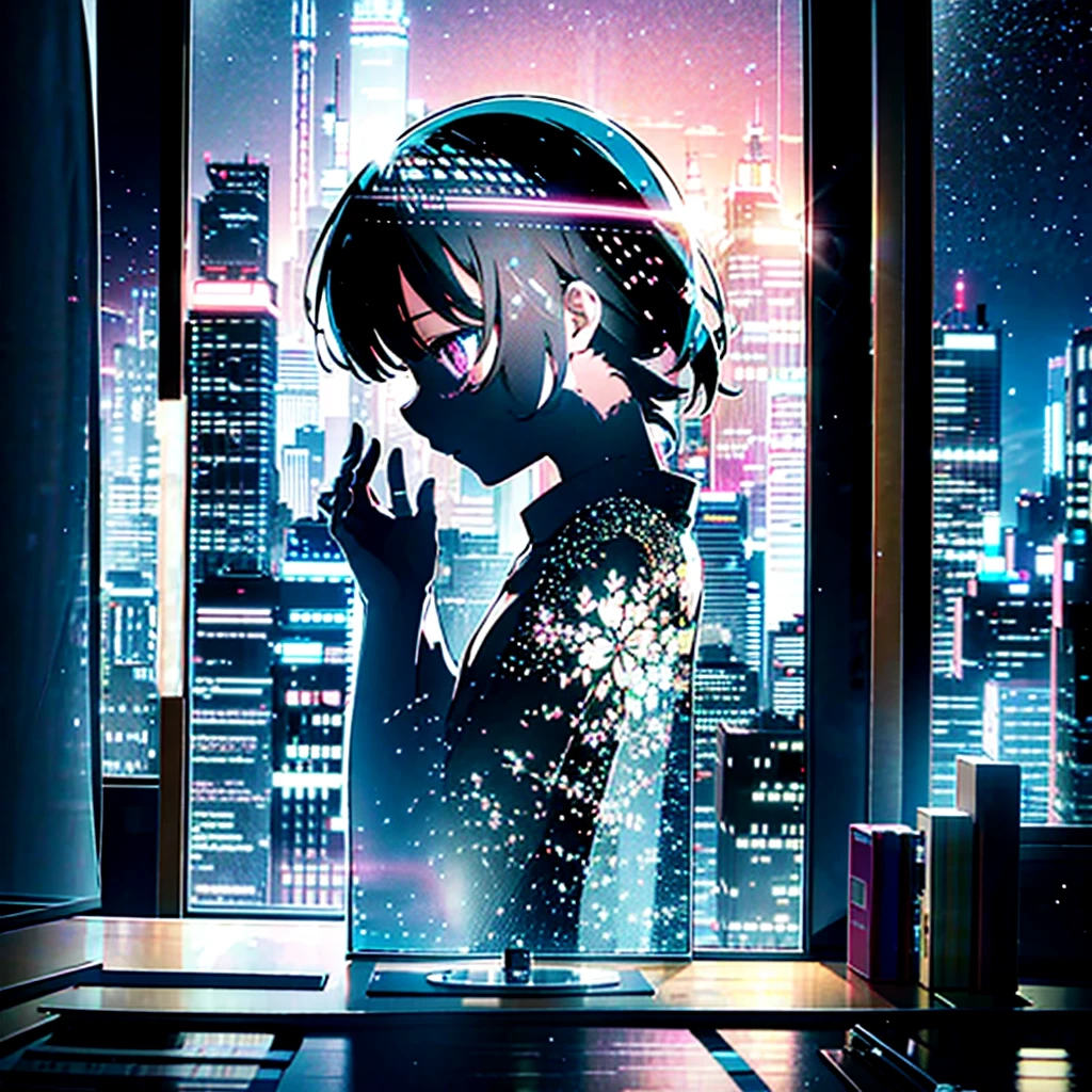 neon city, midnight, geografic background, tadao ando inspired, paper cutout double exposure, bedroom,  silhouette, 10yo, cute, kawaii, flat chest, vivid colors, beautiful, from side, close to viewer, very precise detailed, hyper detailed, high resolution, highest image quality, brilliant, ultra-fine brushstrokes, beautiful transparency --niji 6 --ar 3:4