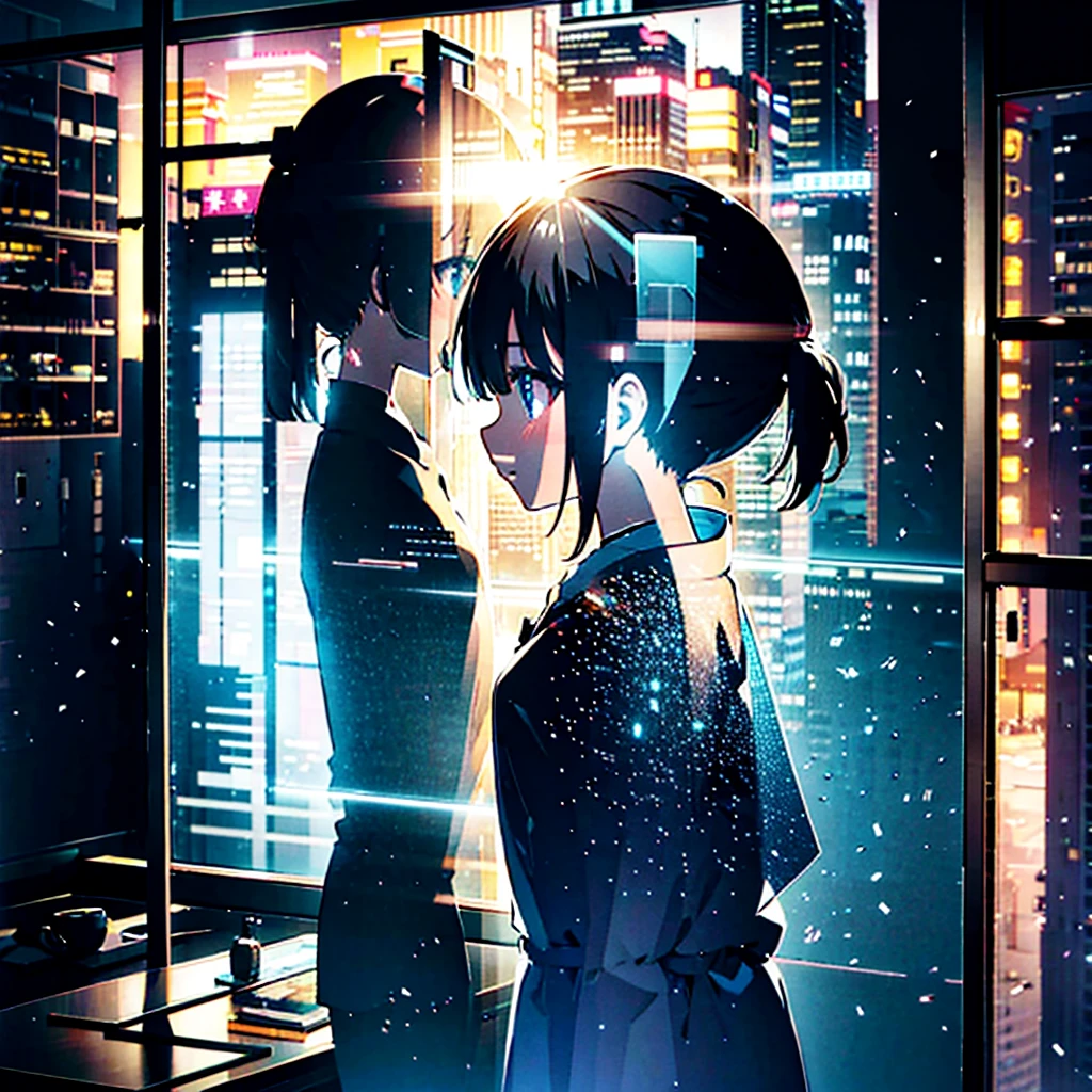 neon city, midnight, geografic background, tadao ando inspired, paper cutout double exposure, bedroom, silhouette, 10yo, cute, kawaii, flat chest, vivid colors, beautiful, from side, close to viewer, very precise detailed, hyper detailed, high resolution, highest image quality, brilliant, ultra-fine brushstrokes, beautiful transparency --niji 6 --ar 3:4
