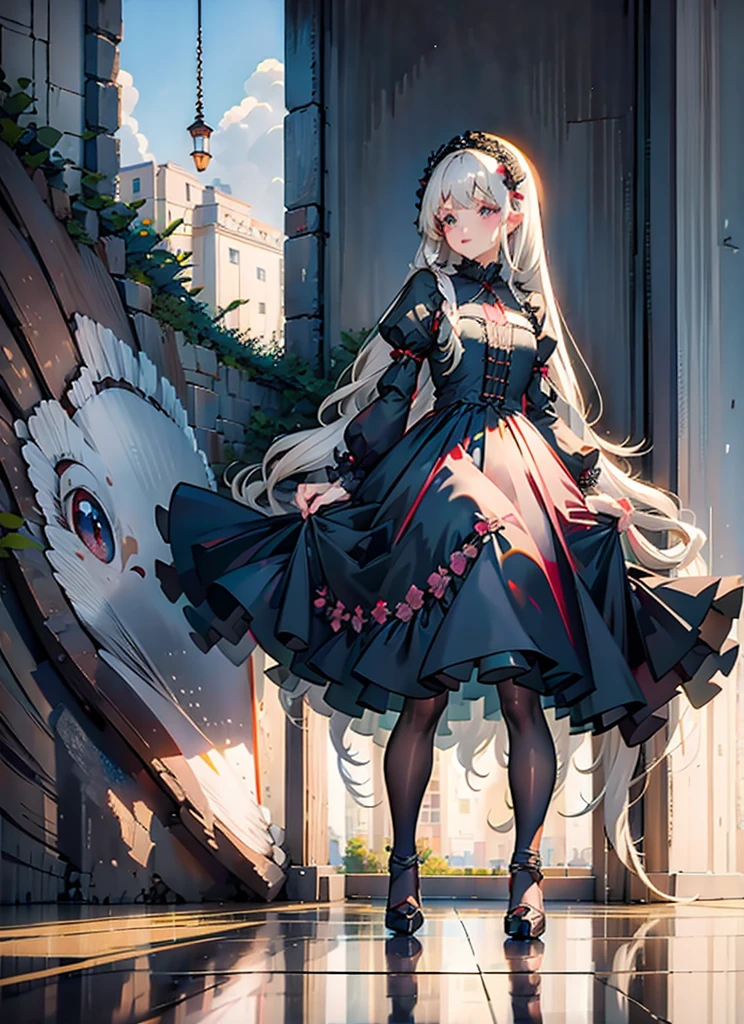 (Extremely delicate and beautiful:1.5),A Russian girl in her early 20s with ash grey hair, standing on your feet, 独奏, full body，Sweet face，Light smile，By bangs, Gemstone eyes, Contre-Jour，Long curly hair, Black-gothic-lolita dress, Keep one's mouth shut, seen from the side, lanterns, light particules, longer sleeves, looking at viewert，pink bows, The background is filled with seven color lays, The face is dense((must)), Masterpiece, Dark fantasy((must))