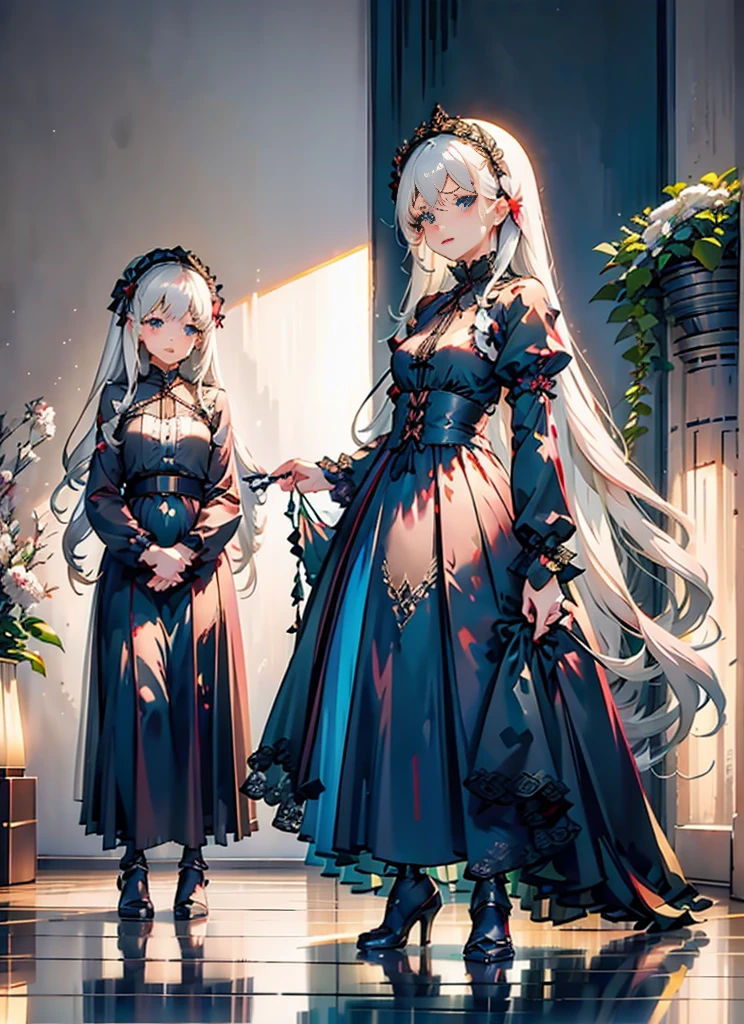 (Extremely delicate and beautiful:1.5),A Russian girl in her early 20s with ash grey hair, standing on your feet, 独奏, full body，Sweet face，Light smile，By bangs, Gemstone eyes, Contre-Jour，Long curly hair, Black-gothic-lolita dress, Keep one's mouth shut, seen from the side, lanterns, light particules, longer sleeves, looking at viewert，pink bows, The background is filled with seven color lays, The face is dense((must)), Masterpiece, Dark fantasy((must))