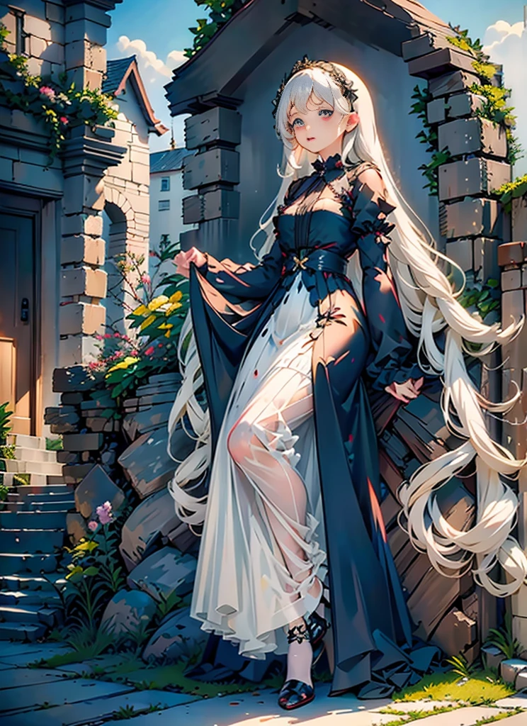 (Extremely delicate and beautiful:1.5),A Russian girl in her early 20s with ash grey hair, standing on your feet, 独奏, full body，Sweet face，Light smile，By bangs, Gemstone eyes, Contre-Jour，Long curly hair, Black-gothic-lolita dress, Keep one's mouth shut, seen from the side, lanterns, light particules, longer sleeves, looking at viewert，pink bows, The background is filled with seven color lays, The face is dense((must)), Masterpiece, Dark fantasy((must))