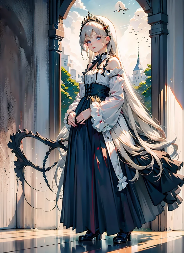 (Extremely delicate and beautiful:1.5),A Russian girl in her early 20s with ash grey hair, standing on your feet, 独奏, full body，Sweet face，Light smile，By bangs, Gemstone eyes, Contre-Jour，Long curly hair, Black-gothic-****ta dress, Keep one's mouth shut, seen from the side, lanterns, light particules, longer sleeves, looking at viewert，pink bows, The background is filled with seven color lays, The face is dense((must)), Masterpiece, Dark fantasy((must))