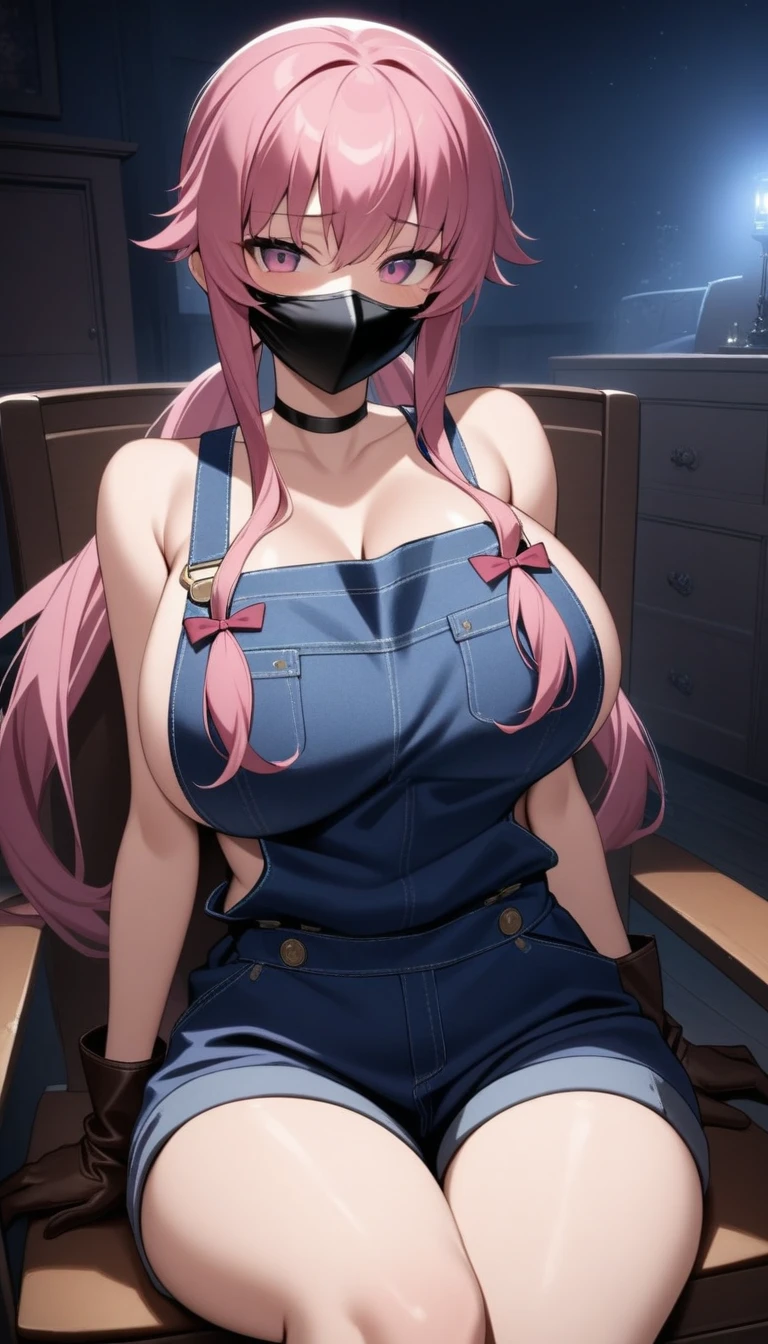 masterpiece, best quality, 1girl, Gasai Yuno, long hair, pink hair, low twintails, sitting on a chair, old room,  (large breasts:1.5),1girl, black choker, dark grey, (overalls:1.25), leather gloves, black boots, ((nigth:1.5)), (black face mask:1.25),