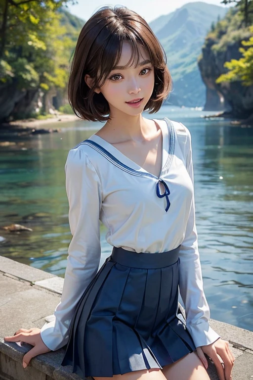 (masterpiece:1.2, top-quality), (realistic, photorealistic:1.4), beautiful illustration, (natural side lighting, movie lighting), ,
looking at viewer, 1 girl, gakki, japanese, perfect face, perfect anatomy, cute and symmetrical face, small face, round face, shiny skin,
(short hair:1.4, straight hair:1.5, brown hair), swept bangs, gray eyes, long eye lasher, (middle breasts), slender,
beautiful hair, beautiful face, beautiful detailed eyes, beautiful clavicle, beautiful body, beautiful chest, beautiful thigh, beautiful legs, beautiful fingers,
((detailed cloth texture, long sleeves blue cute sailor suit, blue pleated skirt, white sailor collar)),
(beautiful scenery), depth of field, daytime, (school), standing, (lovely smile, open mouth),