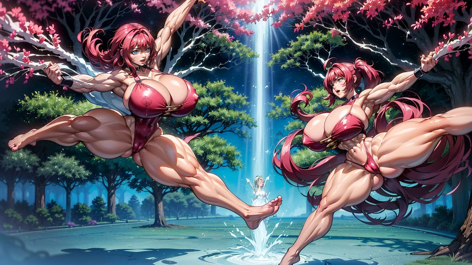 (Private 4K)、(High resolution:1.2)、(High freshness:1.2)、、(Whole Body Ezbian:1.2)、(Two Women:1.6)、((Women with exaggerated large physiques))、(Huge breasts with intense movements:1.2)、abnormally developed muscles,,Barefoot woman, , Big arms、(Huge muscles:1.4)、(Dynamic pose:1.2)、(A woman kicks a large tree with all her might:1.6)、