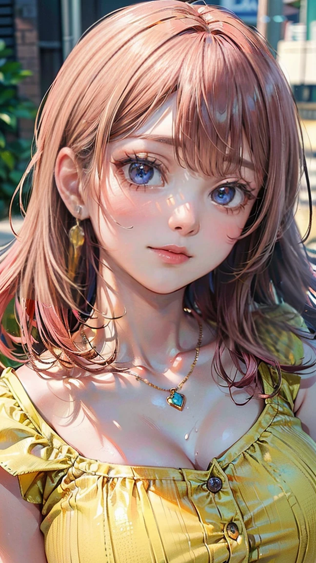 (Masterpiece, BestQuality:1.3), (ultra detailed:1.2), (hyperrealistic:1.3), (RAW photo:1.2), High detail RAW color photo, professional photograph, (Photorealistic:1.4), (realistic:1.4), professional lighting, perfect anatomy, (Big Breasts:1.2), (blush, detailed face), (A happy smile:1.7), Trending Hair&Trending Hairカラーをランダムに, earrings, necklace, bracelet, sexly, erotic sexly, Random sexy gravure poses, (A woman wearing a yellow summer dress、庭で花を摘みながらA happy smileでセクシーなポーズをとっている。Straight pink hair swaying in the wind。:1.3)