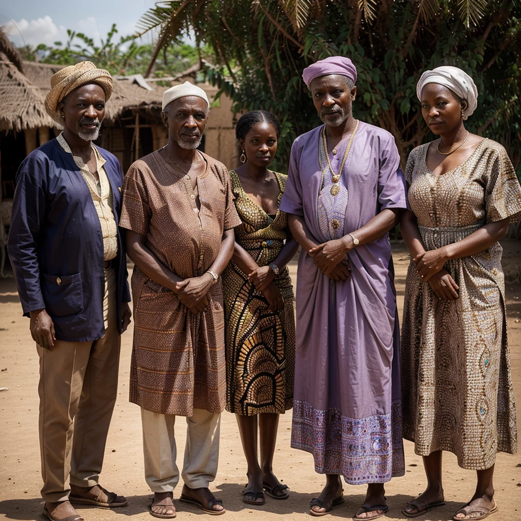 3. **Paragraphe 3 :**
- Prompt : "A dignified elderly man, Malik, aged 54, with a wise and kind expression, standing before three women in a traditional African village, with cultural ornaments and vibrant fabrics, in 16:9 dimension."