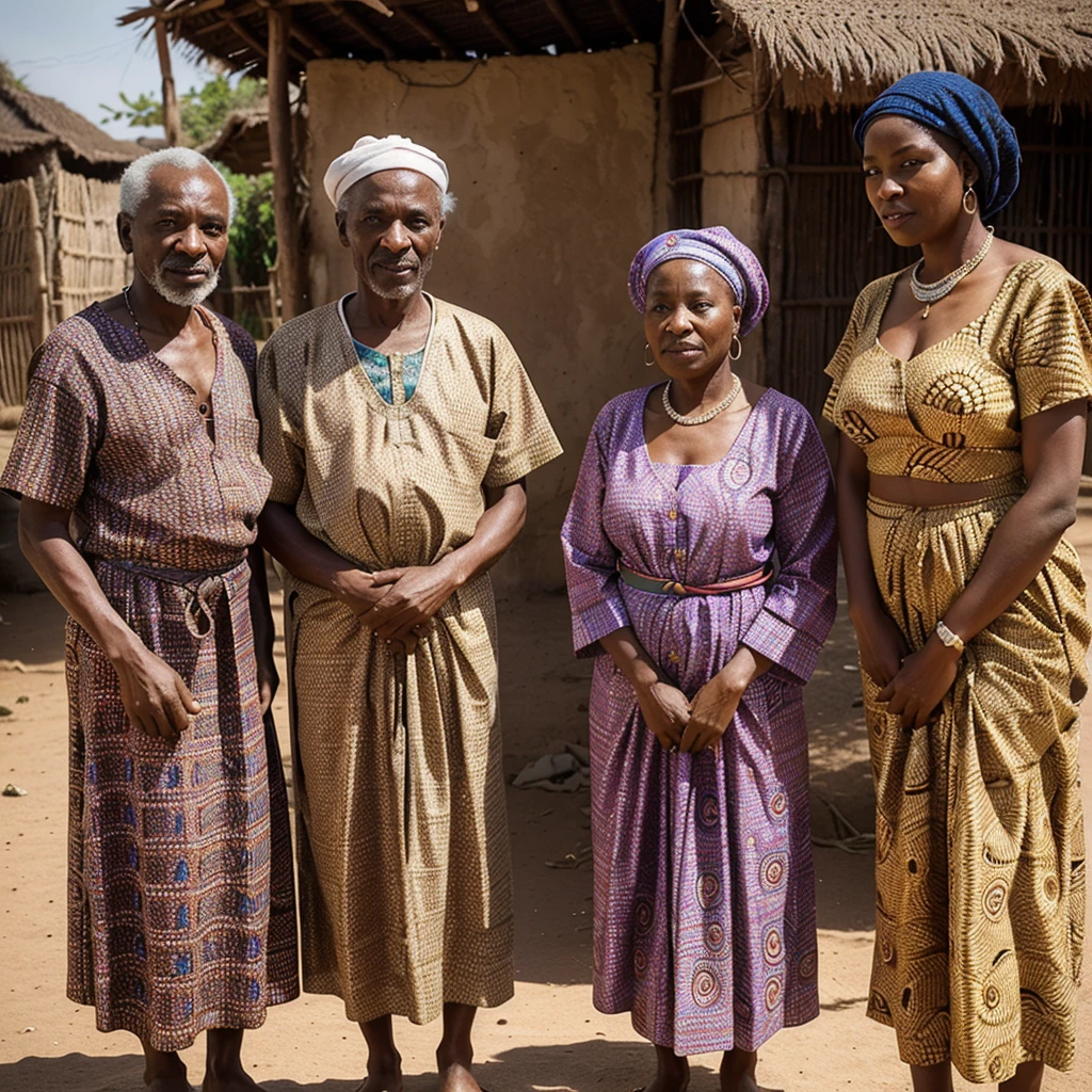 3. **Paragraphe 3 :**
- Prompt : "A dignified elderly man, Malik, aged 54, with a wise and kind expression, standing before three women in a traditional African village, with cultural ornaments and vibrant fabrics, in 16:9 dimension."