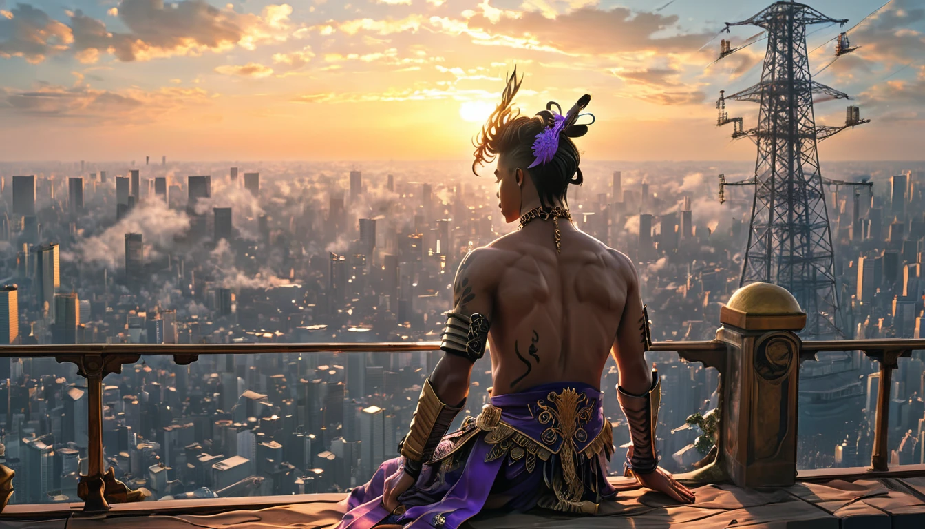 A painting of Prince Shotoku's back. Set in Tokyo, Japan in summer. 4k masterpiece, best quality, (highly detailed CG unity 8k wallpaper), (best quality), (best illustration), (best shadows), incredibly realistic lighting, (depth), beautiful glow, art by Peter Mohrbacher.