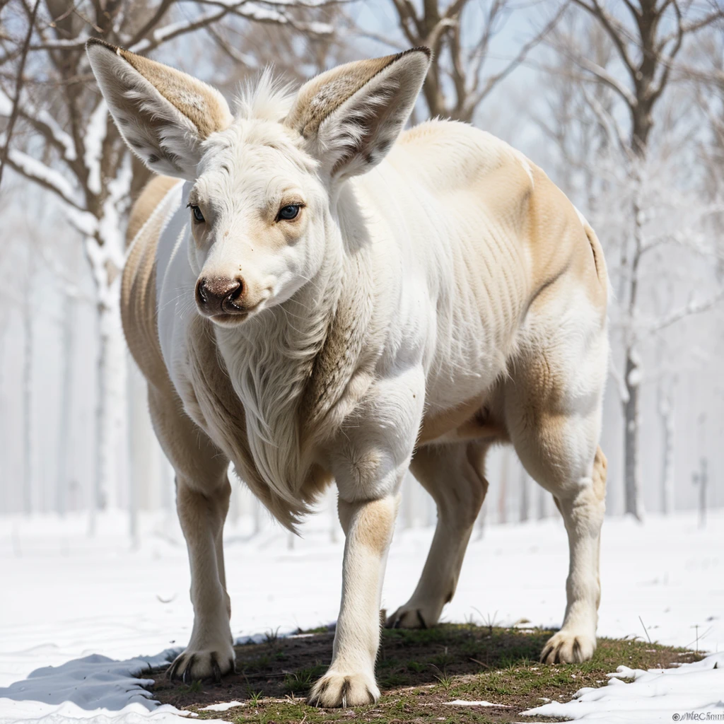 Big Animaly, his skin is full white albino, his eyes are blue, deer mixed with skunk, fox head mixed, Grassroots, no background,