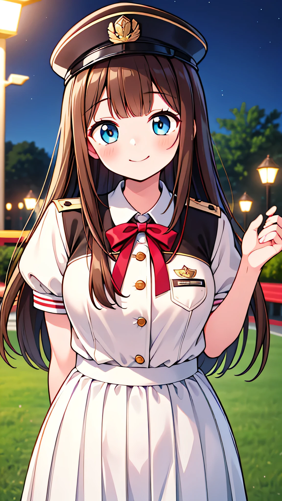{Highest quality], [Super beautiful], [Ultra fine], [Best illustration], NSFW,Brown Hair, Hime cut, Long Hair, With bangs, girl, Uniform cap,Security uniform, smile, blush, Slender women,Short sleeve,Long straight skirt, Adult women,(Public）Night Park, Strike a Pose,Woman Close-up
