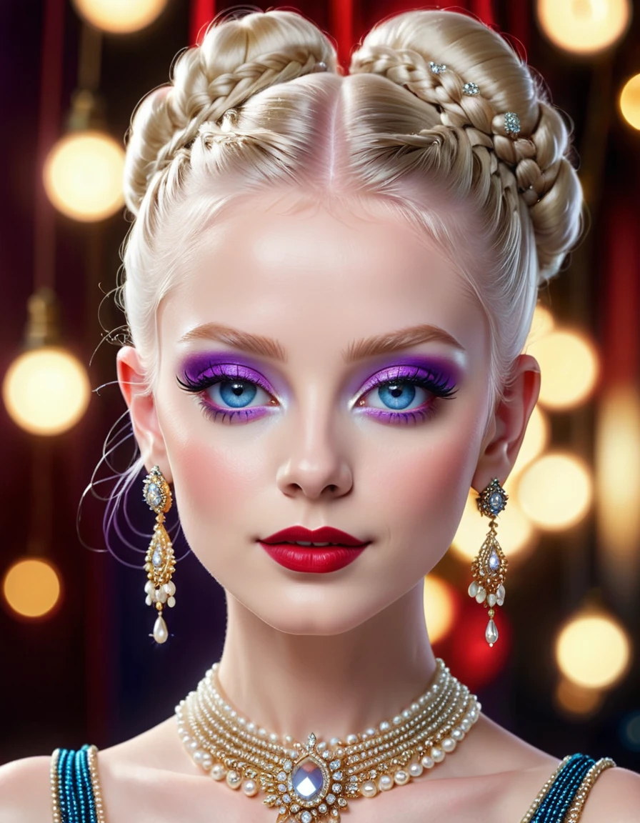 front image young albino woman happy 20 years old, (best quality, 4k, 8k, high resolution, masterpiece: 1.2), ultra detailed, (realistic, photorealistic, photorealistic: 1.37), portraits, big violet blue eyes, beautiful and detailed, with crimson red glitter makeup, beautiful detailed lips, extremely detailed eyes and face, long eyelashes, (hair with mini braids and bun), glowing, glowing skin, elegant haircut and makeup, vibrant colors, pearl and diamond necklaces, earrings, indu fashion, studio lighting, impeccable fashion, trendy vintage outfit, fashion accessories, stylish and confident pose, sophisticated and glamorous background, lens flares and bokeh effects.