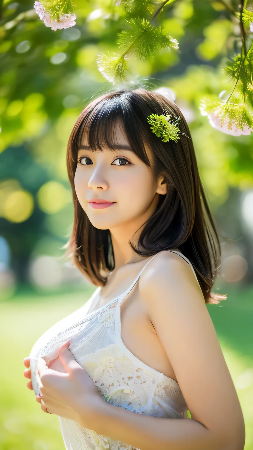 (Highest quality,8ｋ,Overwhelmingly beautiful:1.2)、(Cute Japanese Girl:1.8、The perfect gravure idol),(Big Tits),With Dandelion、Green World、spring breeze、