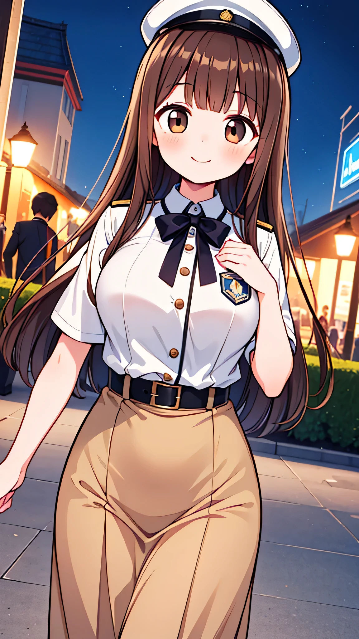 {Highest quality], [Super beautiful], [Ultra fine], [Best illustration], NSFW,Brown Hair, Hime cut, Long Hair, With bangs, girl, Uniform cap,Security uniform, smile, blush, Slender women,Short sleeve,Long straight skirt, Adult women,(Public）Night Park, Strike a Pose,Woman Close-up
