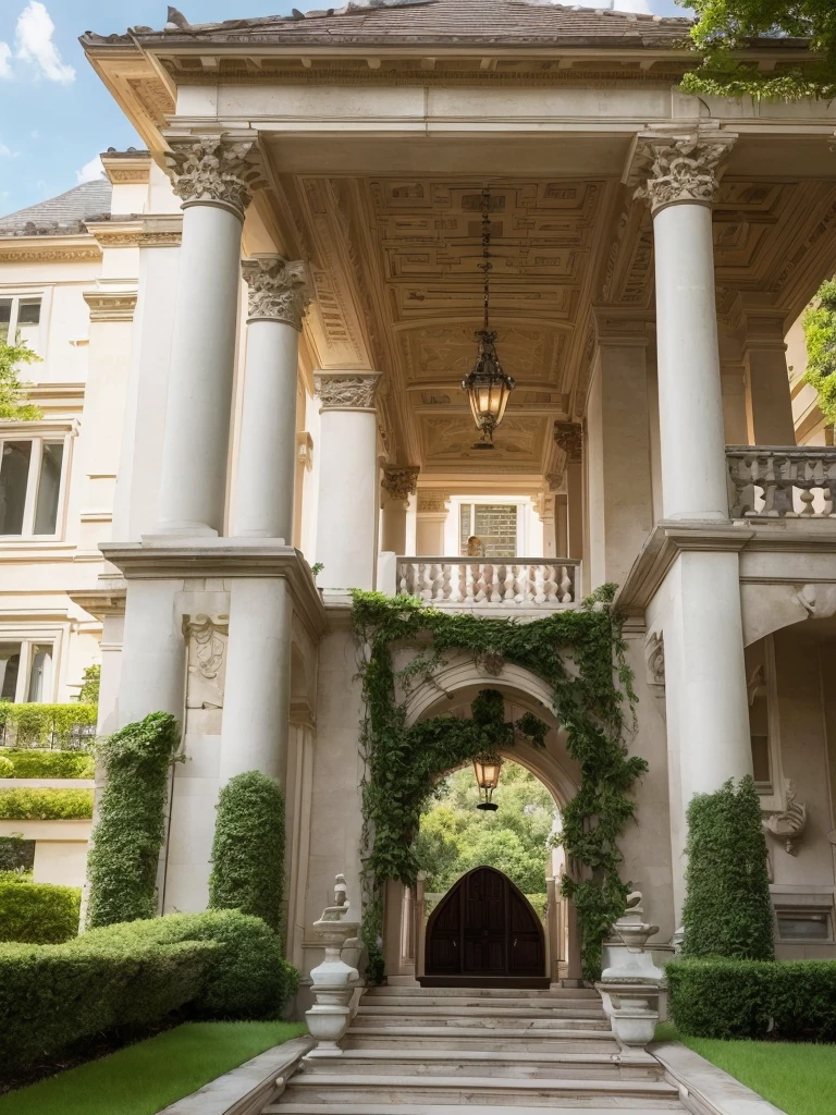 "A beautiful luxurious mansion viewed from the entrance gate, surrounded by lush gardens and tall trees. The gate is ornate and open, inviting you to see the grand structure ahead. The mansion has a classical design with large windows, a grand entrance, and intricate architectural details. The driveway is paved with cobblestones leading up to the main door. The sky is clear with a few soft clouds, and the sunlight casts a warm glow over the scene, highlighting the elegance and beauty of the mansion. No people are in the scene, focusing solely on the stunning architecture and serene surroundings."
