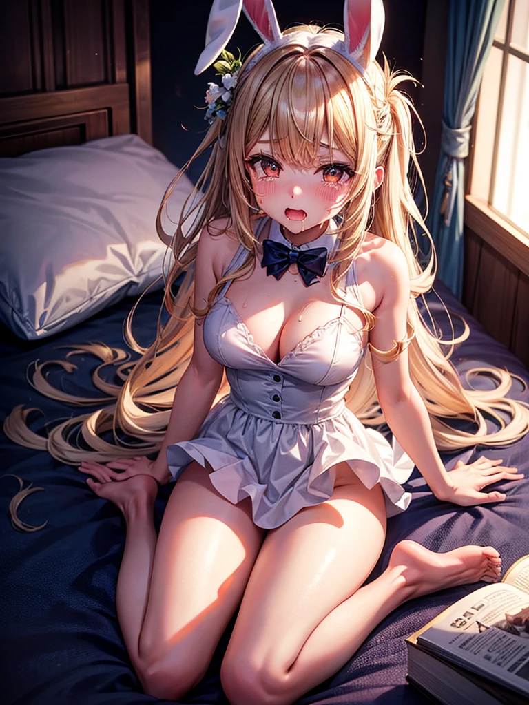 Highest quality,Highest Resolution,Bunny girl drooling and crying,Dark bedroom,whole body,