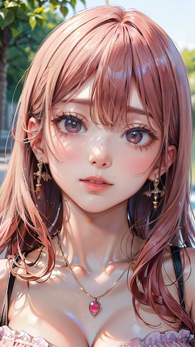 (Masterpiece, BestQuality:1.3), (ultra detailed:1.2), (hyperrealistic:1.3), (RAW photo:1.2), High detail RAW color photo, professional photograph, (Photorealistic:1.4), (realistic:1.4), professional lighting, perfect anatomy, (Big Breasts:1.2), (blush, detailed face), (A happy smile:1.7), Trending Hair&Trending Hairカラーをランダムに, earrings, necklace, bracelet, sexly, erotic sexly, Random sexy gravure poses, (A woman in a pink summer dress、フェスティバルで踊りながらA happy smileでセクシーなポーズをとっている。The long pink hair is dynamic.。:1.3)