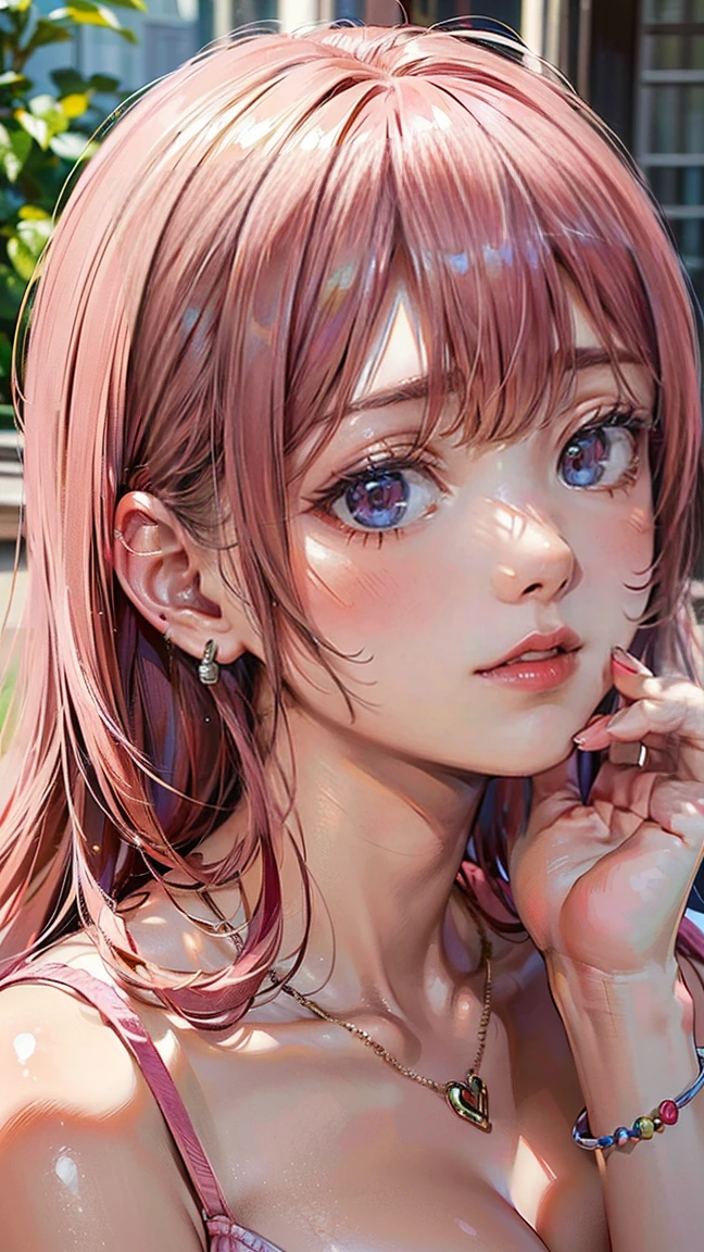 (Masterpiece, BestQuality:1.3), (ultra detailed:1.2), (hyperrealistic:1.3), (RAW photo:1.2), High detail RAW color photo, professional photograph, (Photorealistic:1.4), (realistic:1.4), professional lighting, perfect anatomy, (Big Breasts:1.2), (blush, detailed face), (A happy smile:1.7), Trending Hair&Trending Hairカラーをランダムに, earrings, necklace, bracelet, sexly, erotic sexly, Random sexy gravure poses, (A woman in a pink summer dress、フェスティバルで踊りながらA happy smileでセクシーなポーズをとっている。The long pink hair is dynamic.。:1.3)