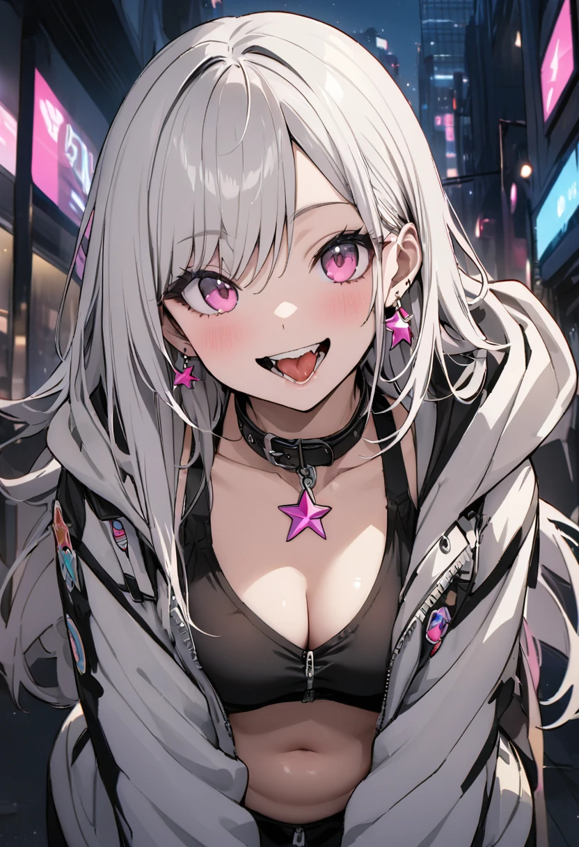 (masterpiece:1.2)、Highest quality、PIXIV、Rebellious girl、One girl、Open your mouth、鋭いteeth、teeth、Long Hair、Street background、gem、badge、ボタンbadge、Food、Pink Eyes、Earrings、Jacket、eyelash、Foodを下にして、star (symbol)、Upper Body、Characters in clothes、zipper、collar、cable、chain、tongue、Stickers、hoodie、smile、spike、Focus on the viewer、長いtongue、Chest in the center、Shoulder Bare、Belly button、Black and white hair color,leaning forward,Cyberpunk city,Night view,Black and white grey outfit