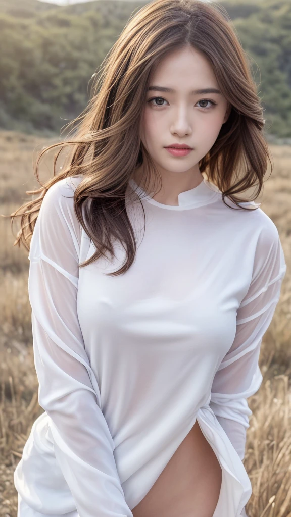 (( Realistic light, Best quality, 8k, Masterpiece :1.3)), 1girl, small mole under eyes, smile, closed eyes, small moles on the breast, Pretty woman with slender figure :1.4, abs :1.1, korean, pale-skin, (floatingwavy silk-brown hair, floating hair by wind, big_breasts :1), (deep_cleavage), white offshoulder shirt:1.2, long sleeves wet by wind, (sweaty skin:1.3), standing, night in the mountain, campfire light, Ultra-detailed face, Detailed eyes, Double eyelid, shiny skin, cowboy shot