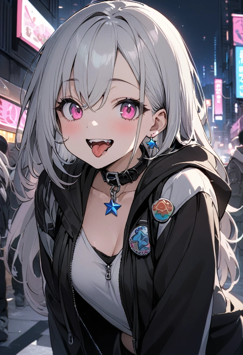 (masterpiece:1.2)、Highest quality、PIXIV、Rebellious girl、One girl、Open your mouth、鋭いteeth、teeth、Long Hair、Street background、gem、badge、ボタンbadge、Food、Pink Eyes、Earrings、Jacket、eyelash、Foodを下にして、star (symbol)、Upper Body、Characters in clothes、zipper、collar、cable、chain、tongue、Stickers、hoodie、smile、spike、Focus on the viewer、長いtongue、Chest in the center、Shoulder Bare、Belly button、Black and white hair color,leaning forward,Cyberpunk city,Night view,Black and white grey outfit