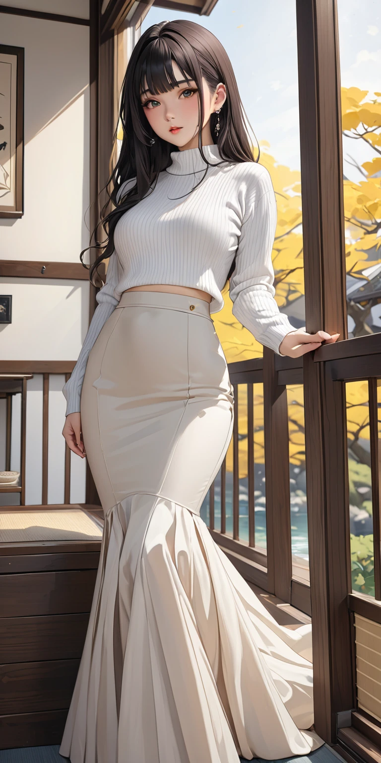 Portrait、(masterpiece,Highest quality,Ultra-high resolution),Japanese women, (((Very beautiful 25 year old girl))),White mermaid style high waist long skirt、The skirt is ankle-length、The skirt fits snugly to the body、Long sleeve sweater、