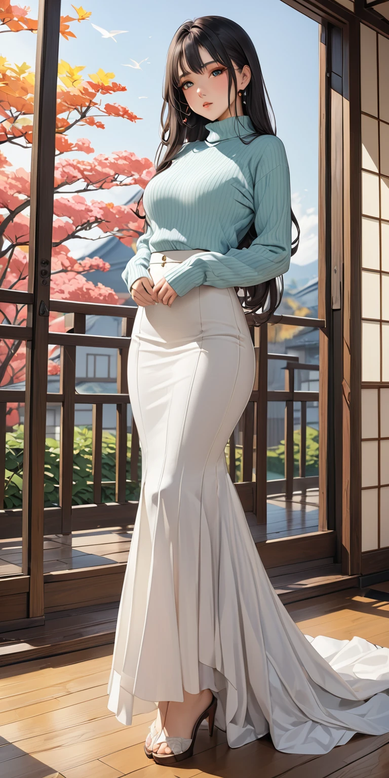 Portrait、(masterpiece,Highest quality,Ultra-high resolution),Japanese women, (((Very beautiful 25 year old girl))),White mermaid style high waist long skirt、The skirt is ankle-length、The skirt fits snugly to the body、Long sleeve sweater、