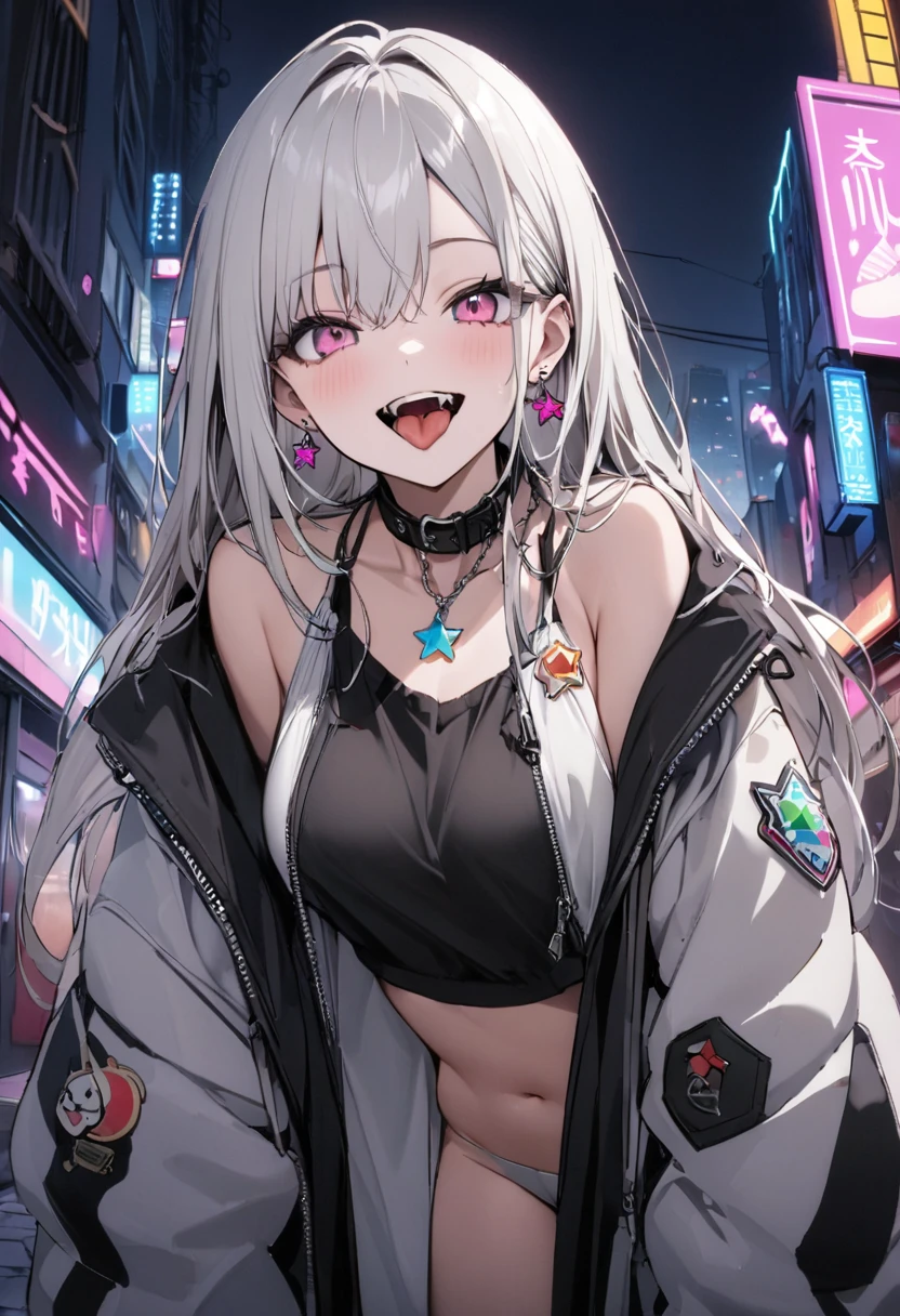 (masterpiece:1.2)、Highest quality、PIXIV、Rebellious girl、One girl、Open your mouth、鋭いteeth、teeth、Long Hair、Street background、gem、badge、ボタンbadge、Food、Pink Eyes、Earrings、Jacket、eyelash、Foodを下にして、star (symbol)、Upper Body、Characters in clothes、zipper、collar、cable、chain、tongue、Stickers、hoodie、smile、spike、Focus on the viewer、長いtongue、Chest in the center、Shoulder Bare、Belly button、Black and white hair color,leaning forward,Cyberpunk city,Night view,Black and white grey outfit