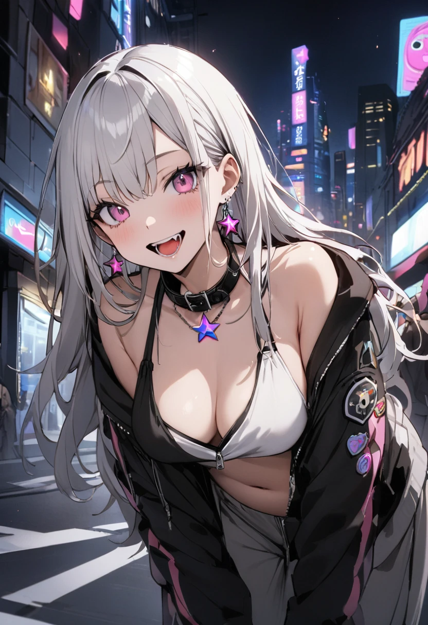 (masterpiece:1.2)、Highest quality、PIXIV、Rebellious girl、One girl、Open your mouth、鋭いteeth、teeth、Long Hair、Street background、gem、badge、ボタンbadge、Food、Pink Eyes、Earrings、Jacket、eyelash、Foodを下にして、star (symbol)、Upper Body、Characters in clothes、zipper、collar、cable、chain、tongue、Stickers、hoodie、smile、spike、Focus on the viewer、長いtongue、Chest in the center、Shoulder Bare、Belly button、Black and white hair color,leaning forward,Cyberpunk city,Night view,Black and white grey outfit