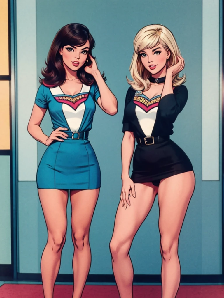 two fashionable young women posing for a picture, retro 60s girls fashion, 1960s style