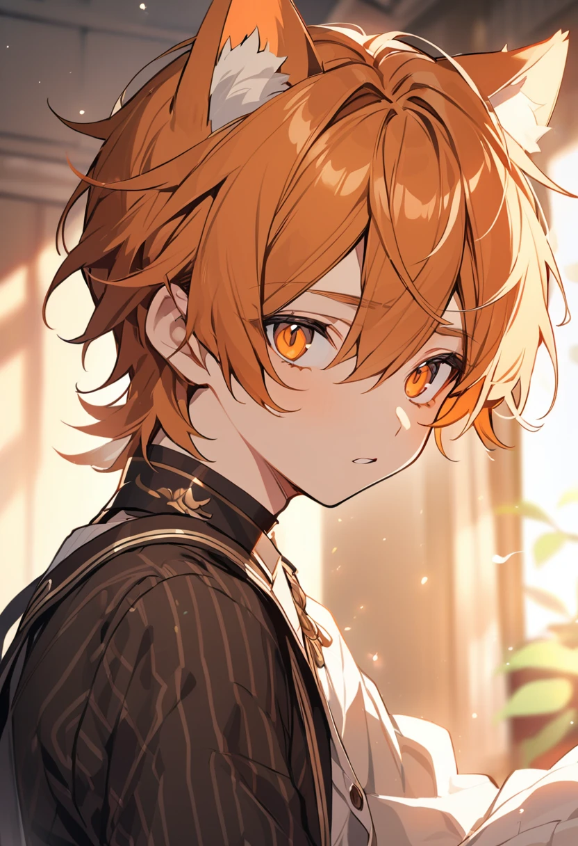 boy, solo, handsome, orange hair, orange eyes, cat ears, innocent