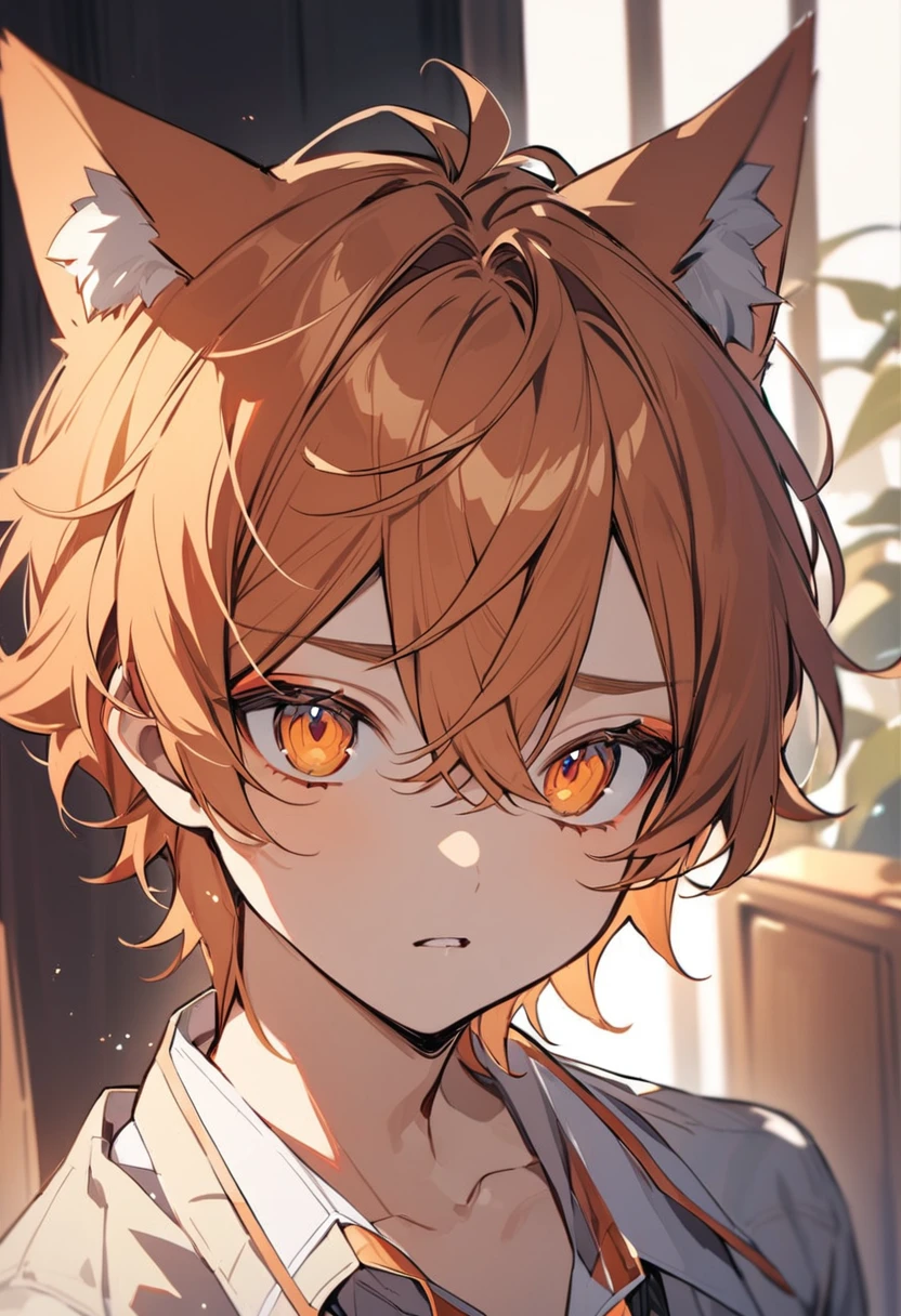boy, solo, handsome, orange hair, orange eyes, cat ears, innocent