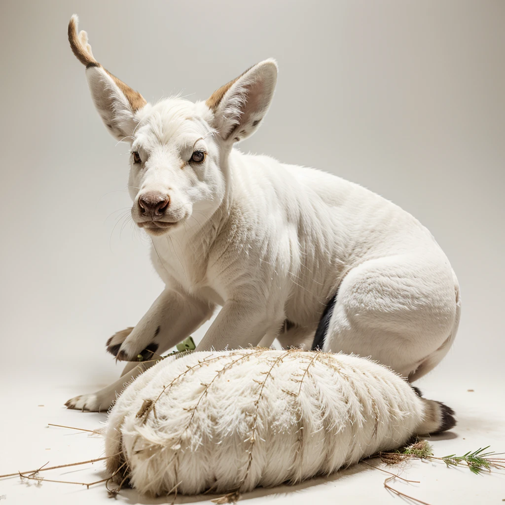 Big Animaly, his skin is full white albino, his eyes are blue, deer mixed with skunk, fox head mixed, Grassroots, no background,