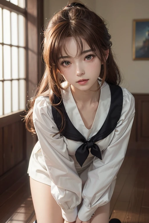 (highest quality, 4k, High resolution, masterpiece:1.2), Super detailed, (anime, animeスタイル:1.37), cinematic light, Bright colors and mesmerizing effects, Soft and delicate lighting, gentle shine, Lens flare, The whole scene has a beautiful and gentle atmosphere., 1 female, jk, (brown hair, ponytail, reddish brown eyes), happy expression, (Super detailedな顔, Detail of very soft lips, fine eyes, double eyelid, kneel down:1.5, black socks, Hands in the crotch, cowboy shot, sailor suit, shiny skin, perfect fingers, five fingers, anatomically correct, background bokeh, 135㎜, f/2.8, photo shoot,