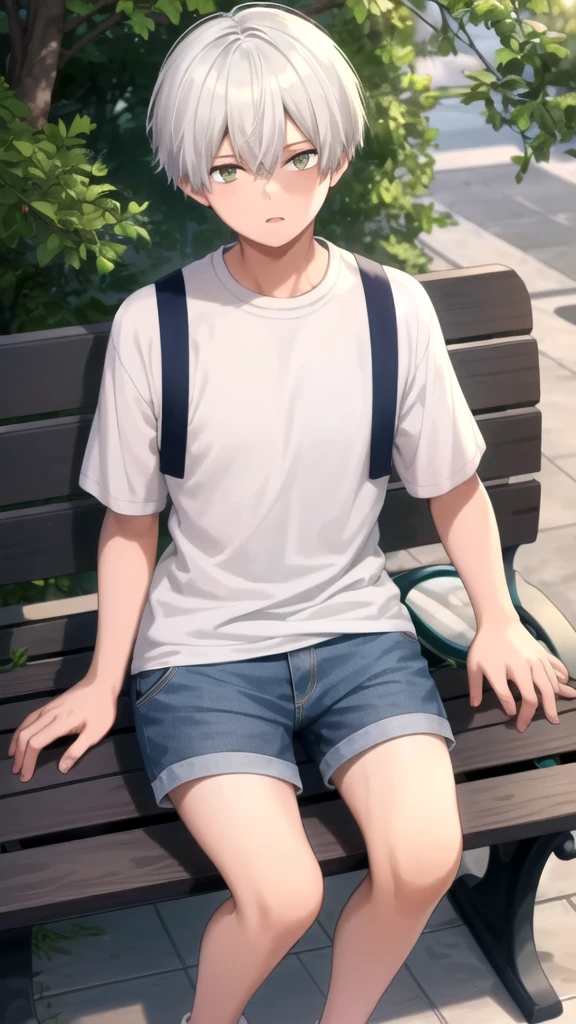 masterpiece, best quality, high quality, 1boy, solo, 14-year-old boy,evil boy,male focus, looking at viewer , white hair, old-school swoop haircut,white shirt with short sleeves,blue jean shorts, blue and yellow eyes, sitting on a bench