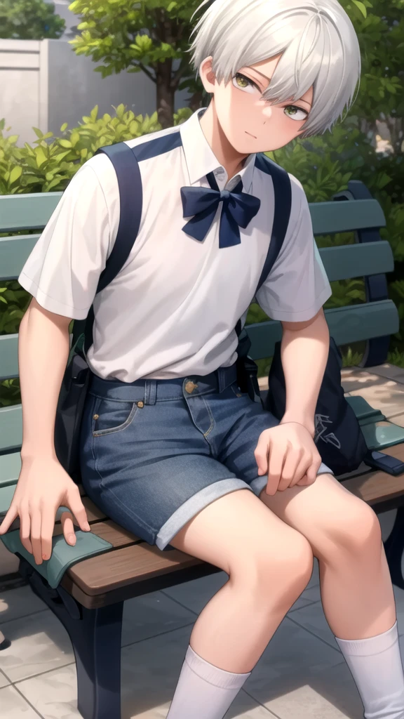 masterpiece, best quality, high quality, 1boy, solo, boy,evil boy,male focus, looking at viewer , white hair, old-school swoop haircut,white shirt with short sleeves,blue jean shorts, blue and yellow eyes, sitting on a bench