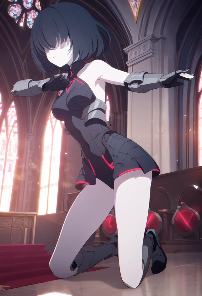 1girl, bare shoulders, clothing cutout, sleeveless, iron virgin armor, iron armor, red neon, black hair, turquoise bangs, very short hair, hair over eyes, pale skin, medium breasts, turquoise eyes, church, combat pose, (masterpiece), best quality, anime style, full body
