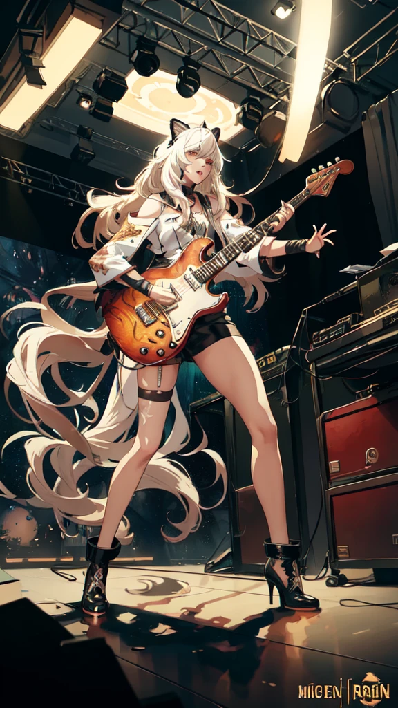 Perfect centering, a white Siberian cat, standing on its hind legs, wearing a black leather jacket, wearing sunglasses, playing an electric guitar, on a grand stage, bright festive lights, facing the audience, rock n roll theme, best picture quality, Moonlight, Highly detailed, Digital painting, art  stations, concept-art, smooth, Sharp focus, 8K, high definition resolution, illustration, Art by Carne Griffiths and Wadim Kashin, Studio background