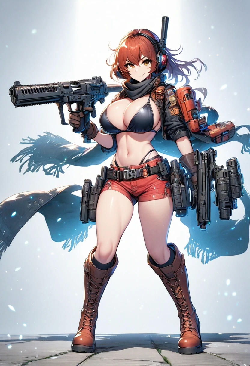 girl,big breasts,Bikini Tops,hot pants,gloves,smile,boots,Knee-high socks,full body Shot,gun,