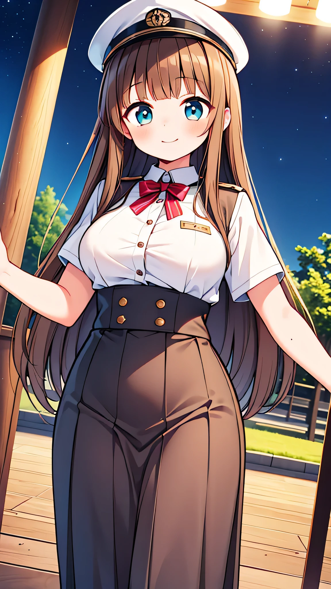 {Highest quality], [Super beautiful], [Ultra fine], [Best illustration], NSFW,Brown Hair, Hime cut, Long Hair, With bangs, girl, Uniform cap,Security uniform, Smile,blush, Slender women,Short sleeve,Long straight skirt, Adult women,(Public）Night Park, Strike a Pose,Woman Close-up
