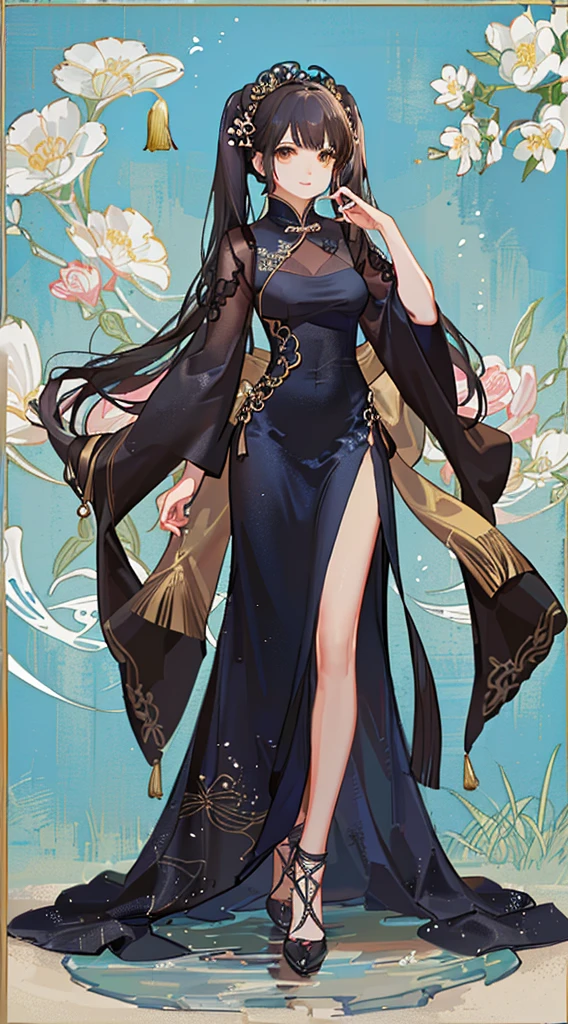 girl,full body,(detailed face:1.2), masterpiece, fashion,chinese dress,, medium hair, black hair, twintails, blunt bangs, brown eyes,