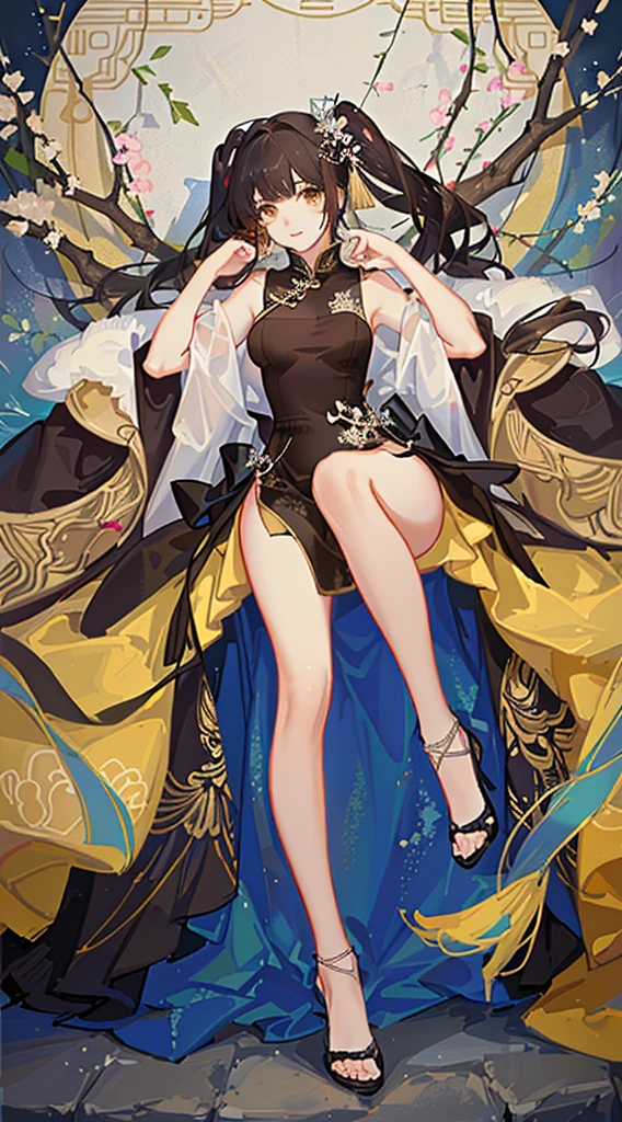 girl,full body,(detailed face:1.2), masterpiece, fashion,chinese dress,, medium hair, black hair, twintails, blunt bangs, brown eyes,
