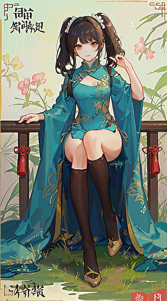 girl,full body,(detailed face:1.2), masterpiece, fashion,chinese dress,, medium hair, black hair, twintails, blunt bangs, brown eyes,